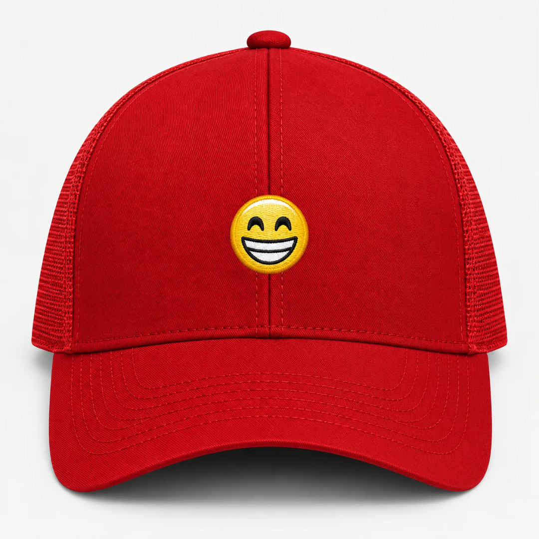 GRINNING FACE SMILING EYES TRUCKER CAP