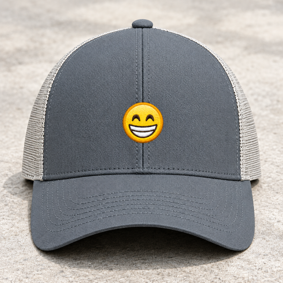GRINNING FACE SMILING EYES TRUCKER CAP